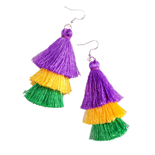 Mardi Gras Earrings, Tassel Earrings for Women Dangling, Mardi Gras Accessories, Holiday Jewelry, Purple Green Yellow Earrings