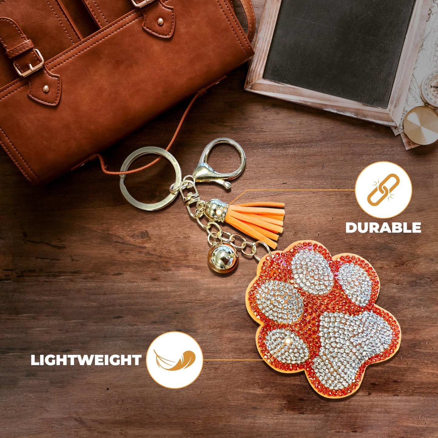 Bling Paw Print Keychain | Orange and Silver Rhinestone Charm | Bag Clip for Women, Kids, Backpacks, Handbags | Durable Lightweight Tiger Paw | Perfect Game Day Accessory