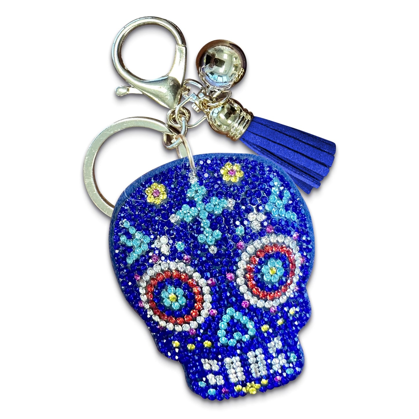 Blue Rhinestone Sugar Skull Purse Charm - Day of the Dead Keychain - Decorative Bag Clip for Women - Sugar Skull Accessories for Purses, Backpacks, and Keys