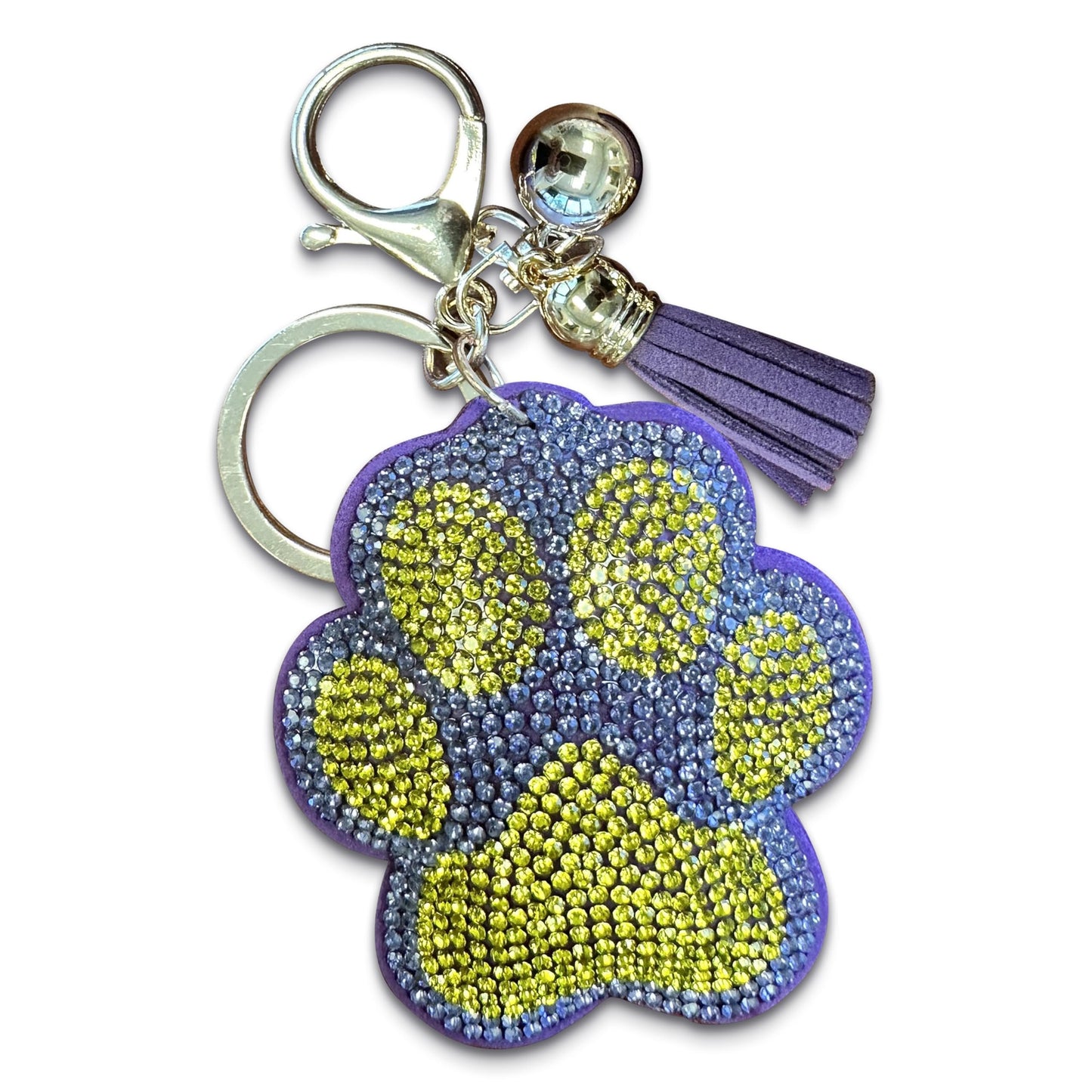 Bling Paw Print Keychain | Purple and Gold Rhinestone Charm | Bag Clip for Women, Kids, Backpacks, Handbags | Durable Lightweight Tiger Paw | Perfect Game Day Accessory