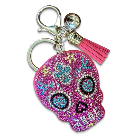 Pink Rhinestone Sugar Skull Purse Charm - Day of the Dead Keychain - Decorative Bag Clip for Women - Sugar Skull Accessories for Purses, Backpacks, and Keys