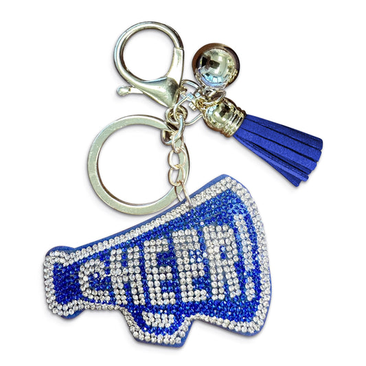 THE MARDI GRAS KREWE Sparkling Blue and Silver Rhinestone Cheerleader Megaphone Keychain – Perfect Bag or Purse Charm Accessory for Cheer Enthusiasts and Team Spirit