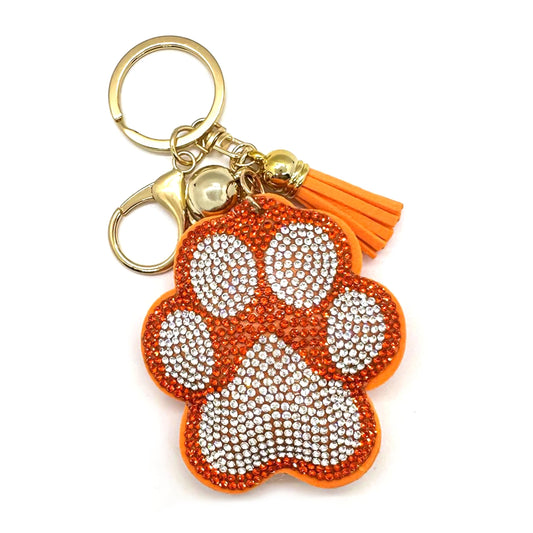 Bling Paw Print Keychain | Orange and Silver Rhinestone Charm | Bag Clip for Women, Kids, Backpacks, Handbags | Durable Lightweight Tiger Paw | Perfect Game Day Accessory