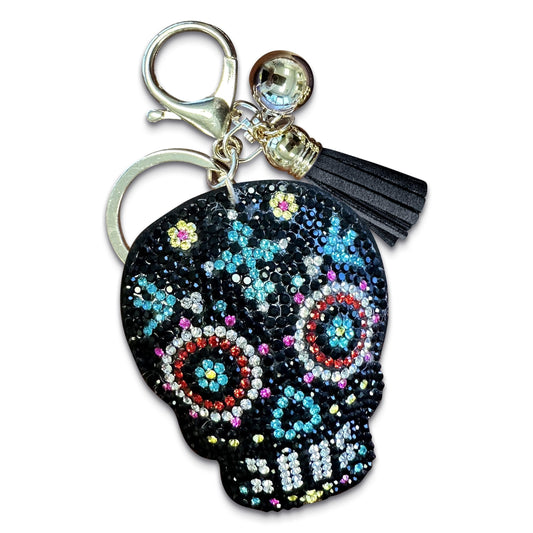 Black Rhinestone Sugar Skull Purse Charm - Day of the Dead Keychain - Decorative Bag Clip for Women - Sugar Skull Accessories for Purses, Backpacks, and Keys