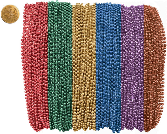 Mardi Gras Beads 33 inch 7mm, 12 Dozen, 144 Necklaces with Doubloon- Bulk Party Favors