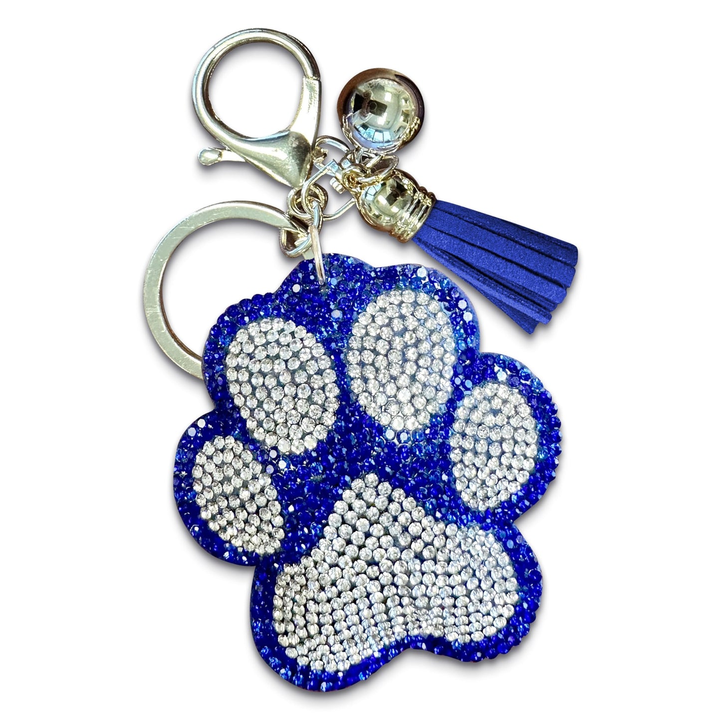 Bling Paw Print Keychain | Blue and Silver Rhinestone Charm | Bag Clip for Women, Kids, Backpacks, Handbags | Durable Lightweight Tiger Paw | Perfect Game Day Accessory