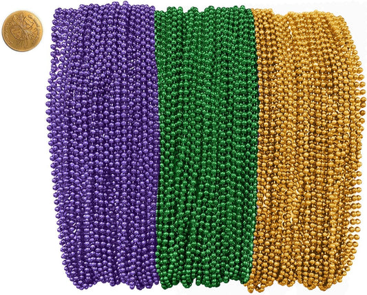 Mardi Gras Beads 33 inch 7mm, 12 Dozen, 144 Necklaces with Doubloon- Bulk Party Favors