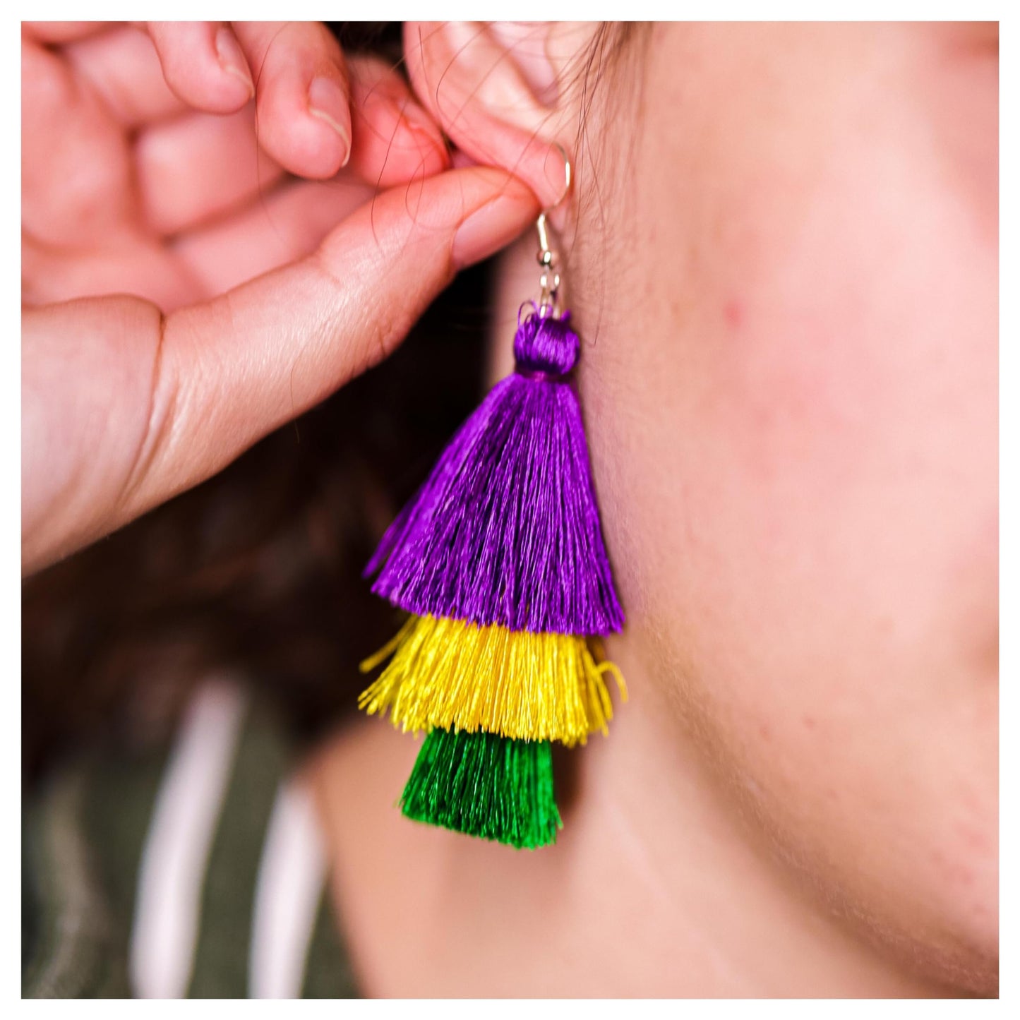 Mardi Gras Earrings, Tassel Earrings for Women Dangling, Mardi Gras Accessories, Holiday Jewelry, Purple Green Yellow Earrings