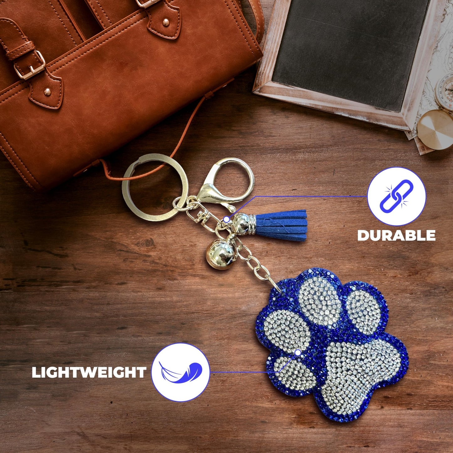 Bling Paw Print Keychain | Blue and Silver Rhinestone Charm | Bag Clip for Women, Kids, Backpacks, Handbags | Durable Lightweight Tiger Paw | Perfect Game Day Accessory