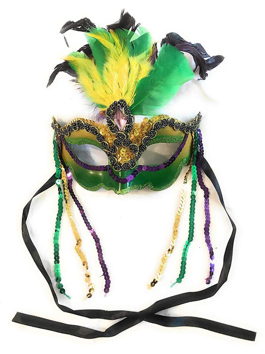 Mardi Gras Women's Mask - Sequin Feathers Purple Green and Gold Masquerade Ball or Costume Party