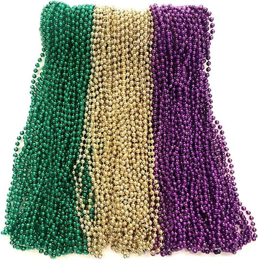 Purple Green Gold Mardi Gras Beads 33 inch 7mm, 6 Dozen, 72 Necklaces