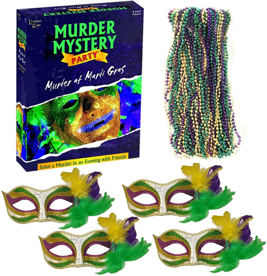 Murder Mystery Party Game Bundle- Murder at Mardi Gras, Host Your Own New Orleans Murder Mystery Dinner with 4 Feather Masks and 2 Dozen Purple, Green and Gold Bead Necklaces