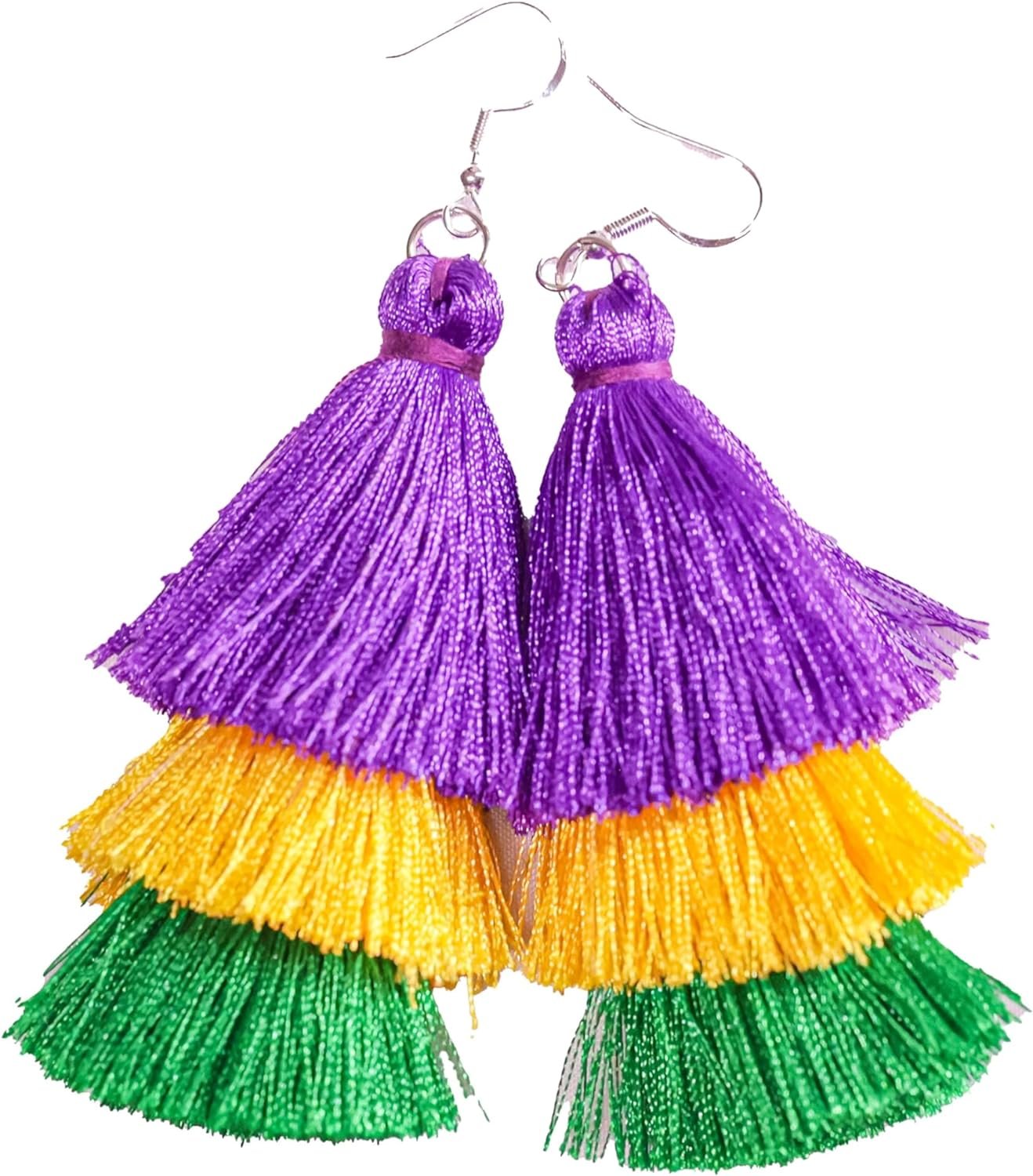 Mardi Gras Tassel Earrings in Purple Green and Gold