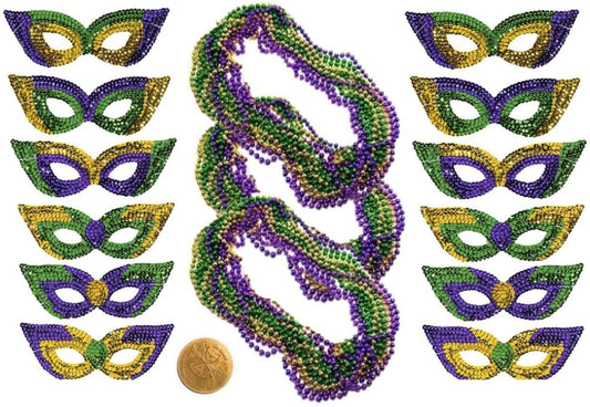 Mardi Gras Sequin Masks & Beads- 12 Face Masks, 36 Necklaces, and The Mardi Gras Krewe Doubloon