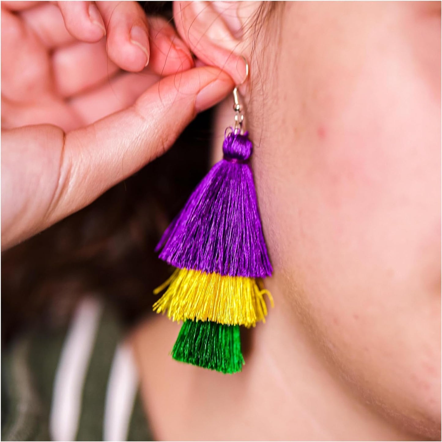 Mardi Gras Tassel Earrings in Purple Green and Gold