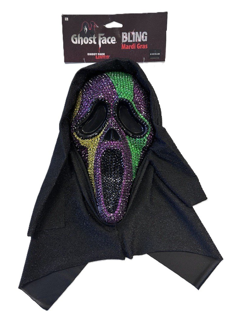 Ghost Face Scream Mask with Mardi Gras Bling - Purple, Green, Gold Rhinestones, Black Sparkle Shroud - Officially Licensed Fun World Mask