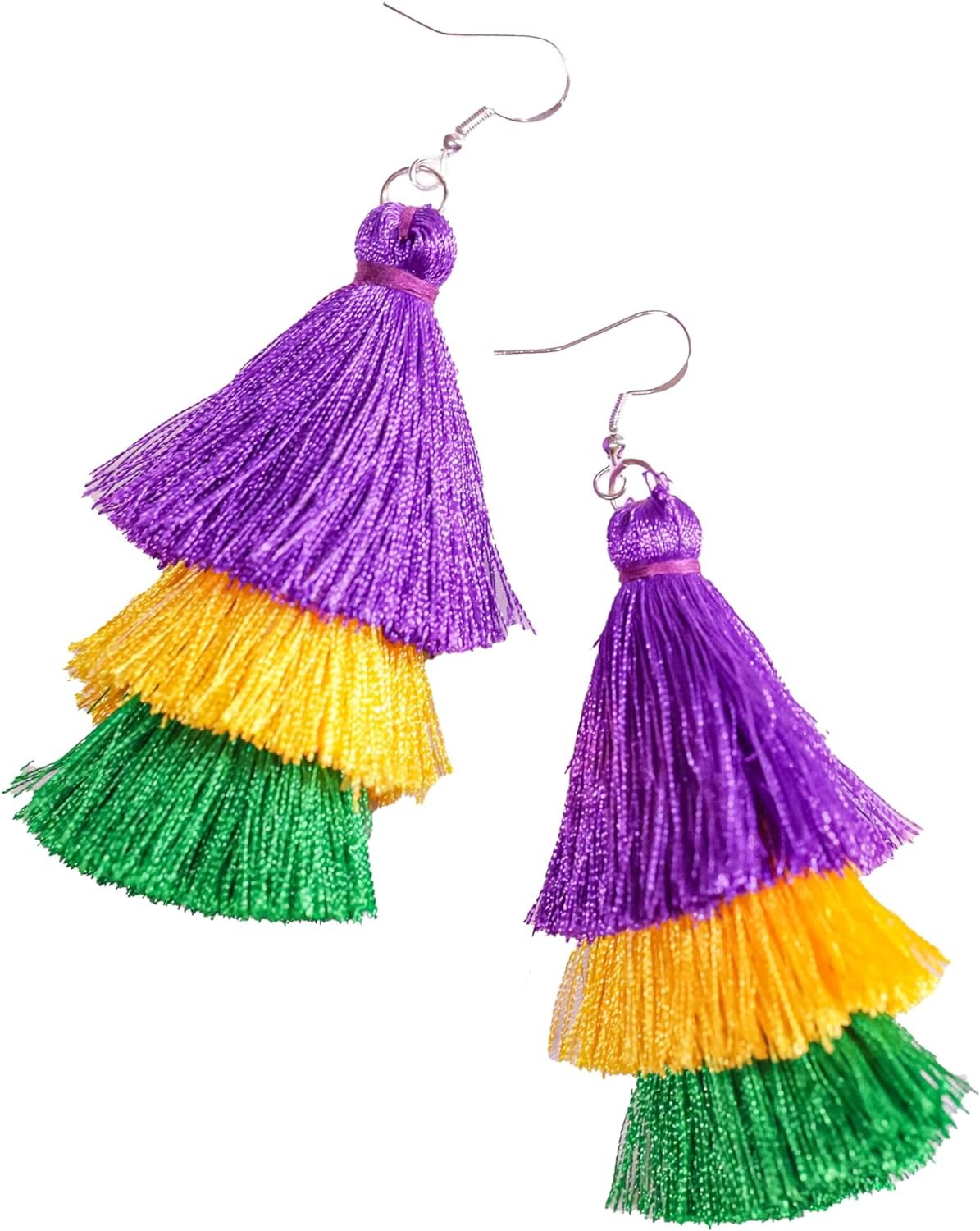 Mardi Gras Tassel Earrings in Purple Green and Gold