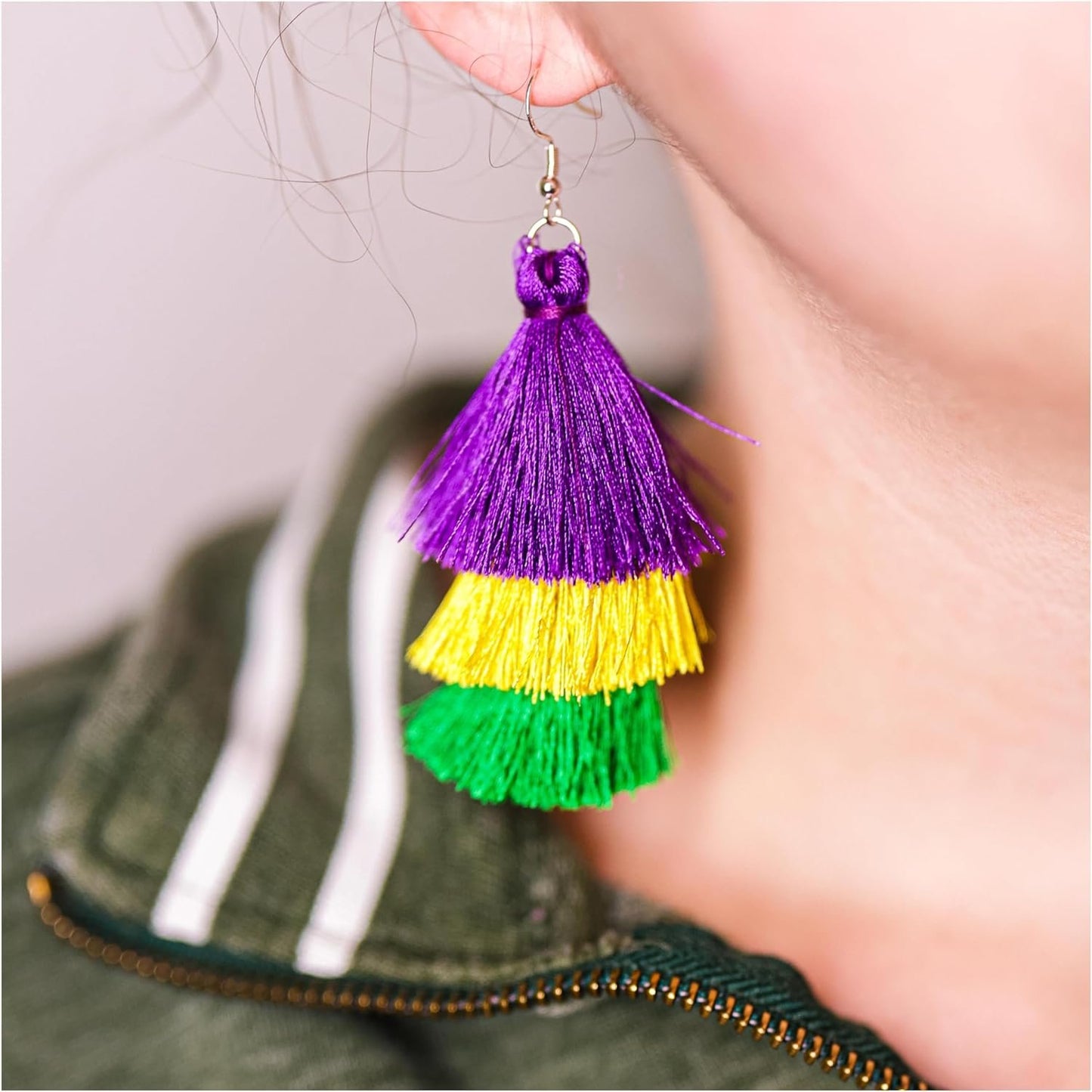 Mardi Gras Tassel Earrings in Purple Green and Gold