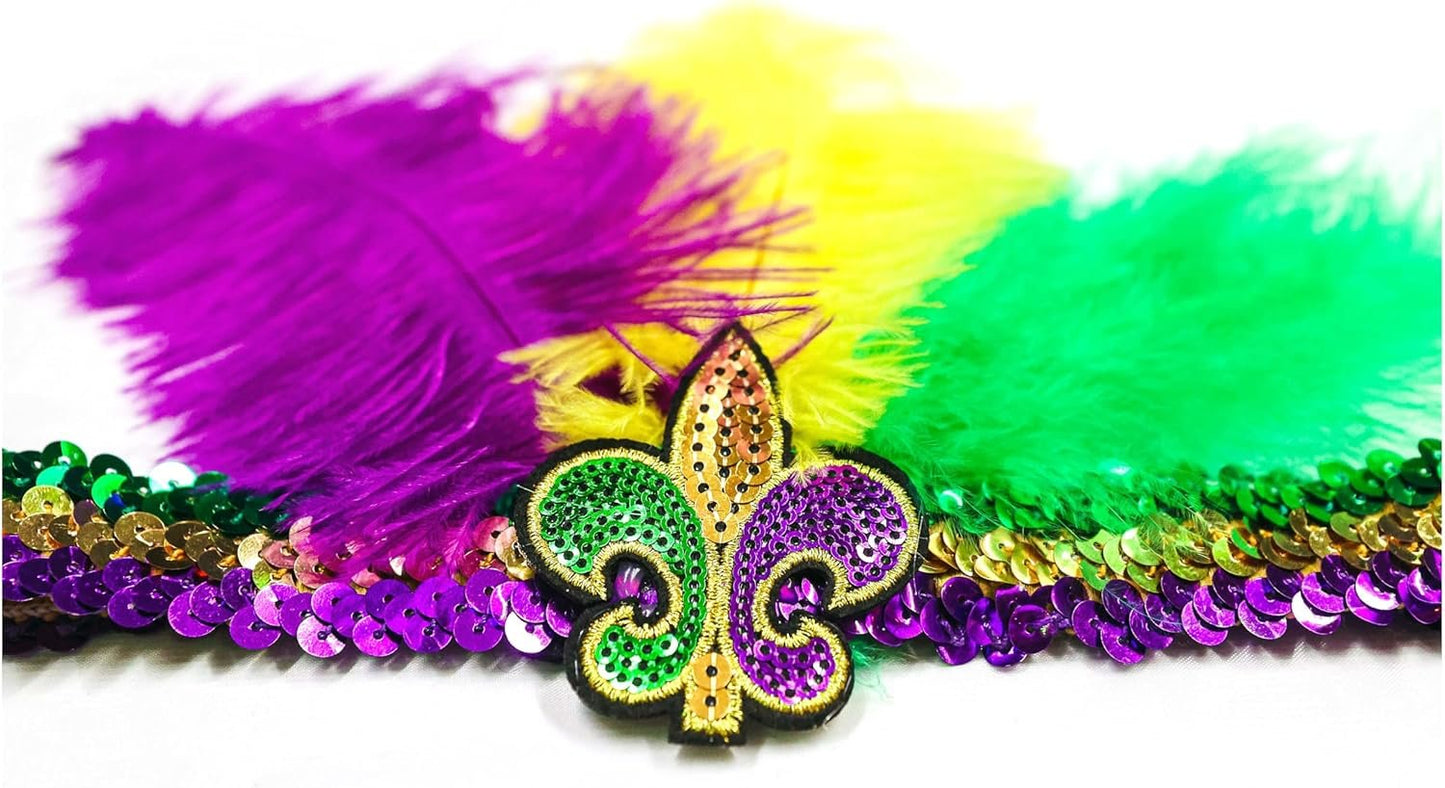 Mardi Gras Sequin Headband with Feathers, Mardi Gras Accessories, Green Purple and Yellow Feather Headband with Fleur-de-lis