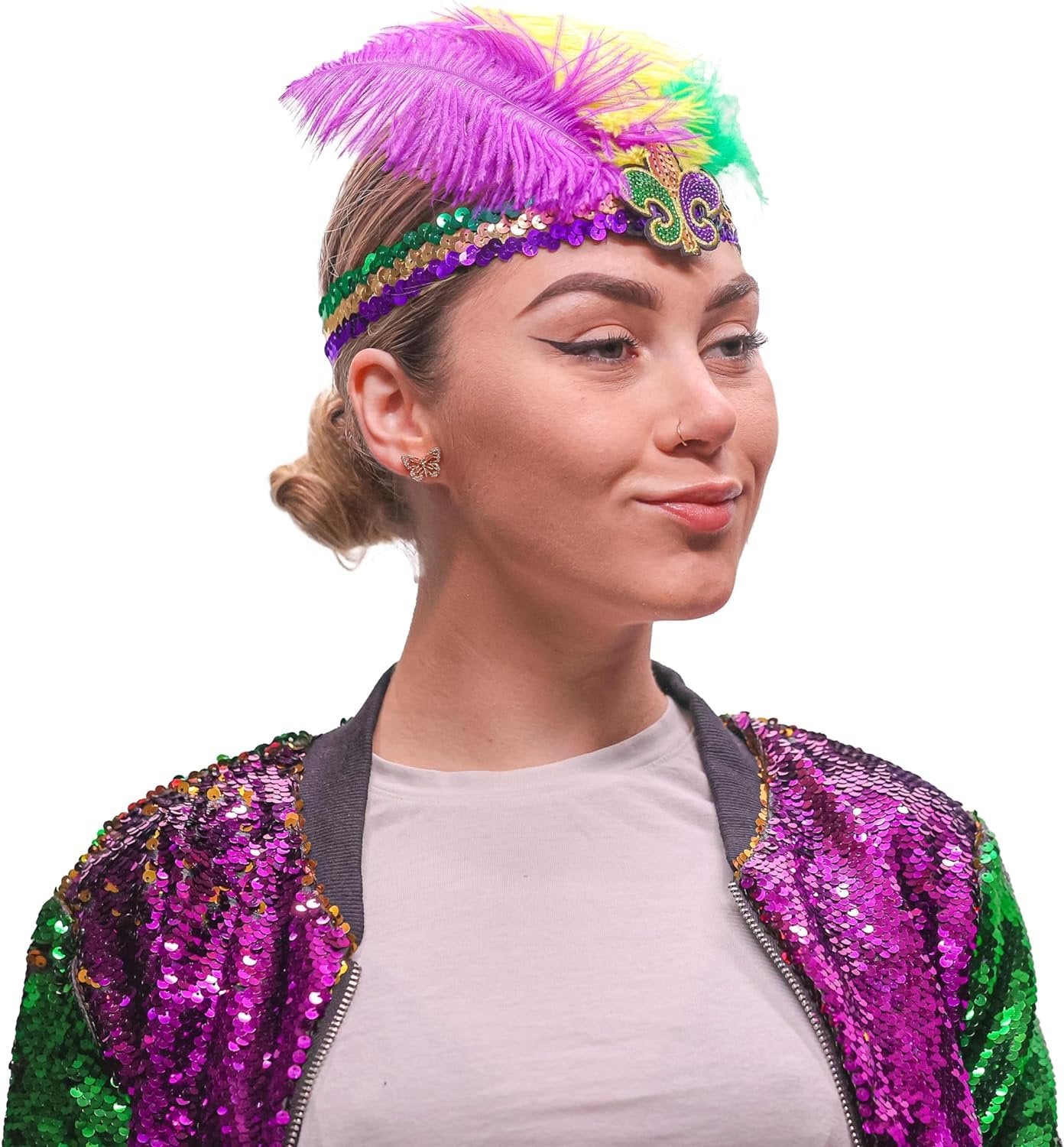 Mardi Gras Sequin Headband with Feathers, Mardi Gras Accessories, Green Purple and Yellow Feather Headband with Fleur-de-lis