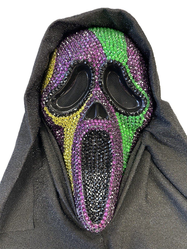 Ghost Face Scream Mask with Mardi Gras Bling - Purple, Green, Gold Rhinestones, Black Sparkle Shroud - Officially Licensed Fun World Mask