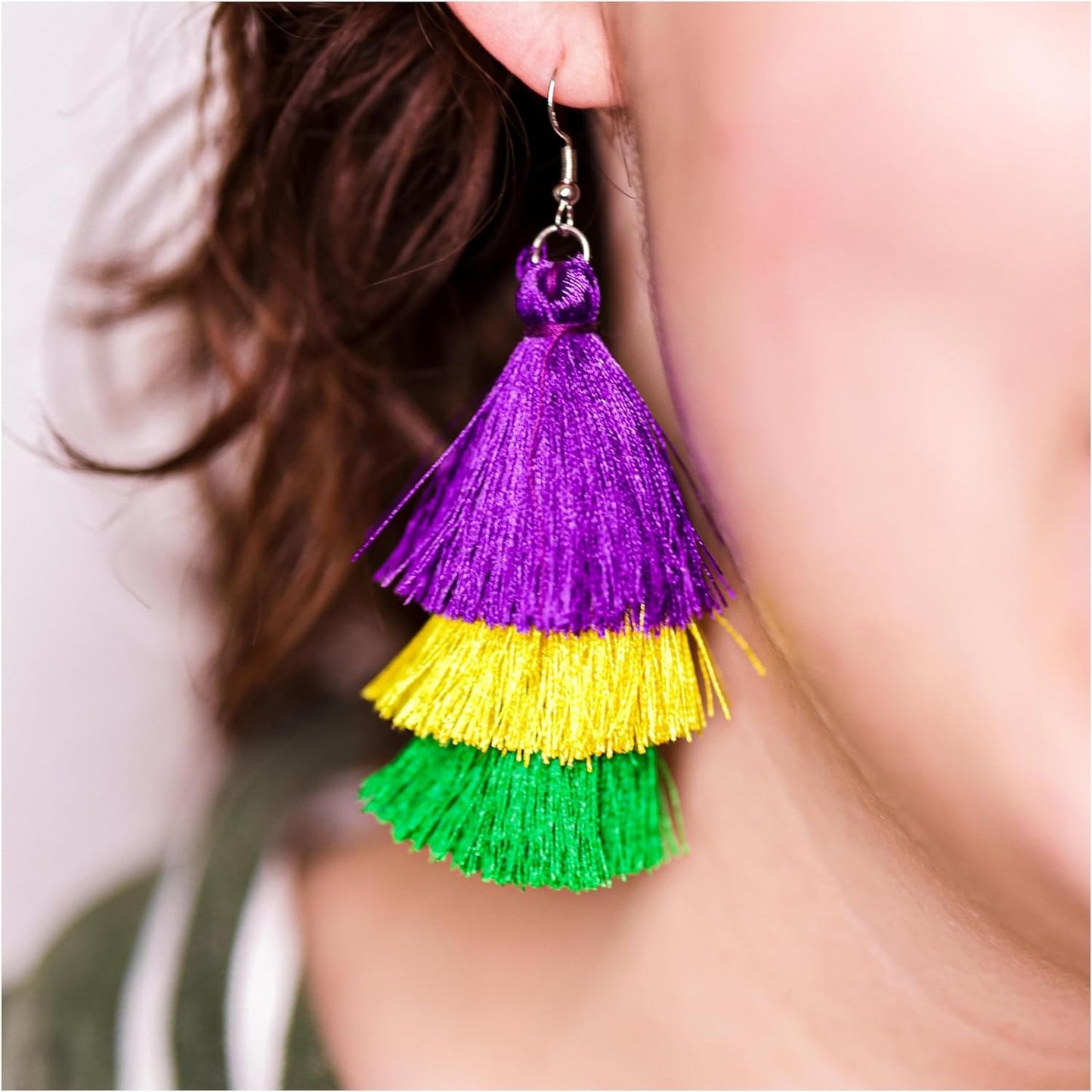 Mardi Gras Tassel Earrings in Purple Green and Gold